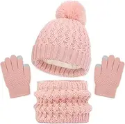[Baynetin] Children's Winter Hat Scarf Gloves Set of 3 Girls Warm Pompom Beanie Hat Touchscreen Gloves Round Scarf Set with Fleece Lined for Boys Girls 2-8 Years