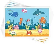Disposable Stick-on Placemats 40 Pack for Baby & Kids, Toddler Placemats in Reusable Pouch 12" x 18" (Blue Ocean Life)