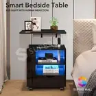 Bedside Table Smart LED 2 Shelves Side Sofa End Cabinet with 2 USB Ports Black
