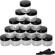 100 Count 15g Small Sample Containers with Lids and 10 Pcs Mask Spatula, Refillable Cosmetic Jars Plastic Makeup Containers Lip Scrub Containers for Beauty Products - Black