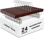 Amber Home 24 Pack Retro Wooden Pants Hangers with Clips, Walnut 24,