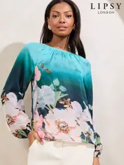 Lipsy Blue Floral Printed Ballon Sleeve Blouse (AL7314) | $102