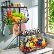 2pcs Fruit Basket with Wood Top, Pantry Organizers Storage, Pantry Kitchen Ca...