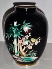 Vintage Japanese Porcelain Royal Blue Bamboo Cherry Blossom Bird Gold Gilt Vase