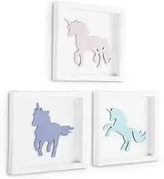 TideAndTales Unicorn Wall Decor (Set of 3) 3D Framed Unicorn Bedroom Decor for Girls, Pastel Girls Room Decorations, White Wood Nursery Decorations Wall Art, Gift-Boxed
