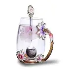 Flower Glass Tea Mug, Lead-Free Handmade Enamel Coffee Mug Tea Cups with Spoon