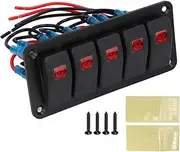 5 Gang Rocker Switch Panel, 12V-20A 24V-10A 5 Gang Rocker Switch, Marine Switch Panel, IP65, with 2 Stickers, Red Backlit Led, for Marine Boat Car RV Vehicles Truck