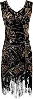 [Vaveren] Women Sequin Dress V Neck Dress for Jazz Samba Stage Performance Evening