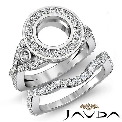 Halo Pave Setting Round Diamond Engagement Ring Bridal Set 18k White Gold 2.1Ctw