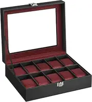 SONGMICS Watch Box with 10 Slots, Watch Case with Glass Lid, Watch Display Box with Removable Watch Pillows, Metal Clasp, Gift Idea, Black Synthetic Leather, Wine Red Lining JWB010R01
