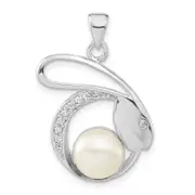 Sterling Silver Polished Cz & 8-9mm Fw Cultured Pearl Rabbit Pendant