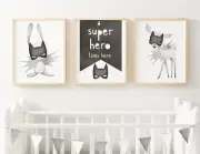 Baby, Boy Nursery Wall Art Woodland Superhero decor, set of 3 prints deer, bunny