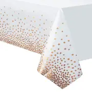 Rose Gold Dot Table Cover - Disposable Plastic Rectangle White Tablecloth with Rose Gold Dots - Wedding Birthday Christmas Party Decor