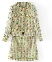 [Cupgriade] Autumn Winter Tweed Two Piece Sets Women's Long Sleeve Pocket Jacket Coat and Mini Skirts Suit