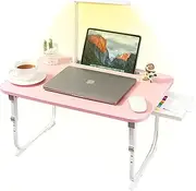 Laptop Desk for Bed Lap Desk with LED Desk Light, Adjustable Tablet Bed Table with Foldable Legs Storage Drawer, Breakfast Serving Tray Folding Laptop Stand Reading Holder for Sofa Couch Floor (Pink)