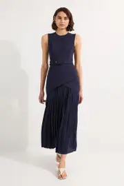 Petite Ponte And Georgette Jersey Pleated Maxi Dress