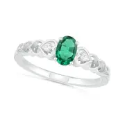 Oval Lab-Created Emerald and Diamond Accent Heart-Sides Trio Ring in Sterling Silver