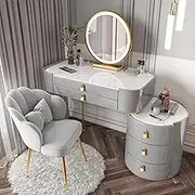 Solid Wood Dressing Table with Rock Slab Top Modern Makeup Storage Cabinet Set with LED Mirror Stool & 5 Drawers