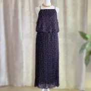 NWT Sam Edelman Chiffon Navy Blue & Pink Polka Dot Pleated Maxi Dress Size 12