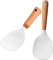 CRILSTYLEO 2pcs Silicone Rice Spoon Non Stick Rice Paddle Spatula with Wooden Handle Kitchen Accessory for Serving Sauces Heat Resistant Space Saving