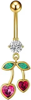 [Niaspi] Cute CZ Cherry Dangle Belly Button Rings for Women 14G Stainless Steel Fruit Belly Navel Rings Internally Threaded Belly Barbell Dangling Belly Piercing Jewelry