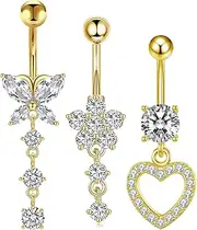 [Ormromra] Set of 3 Belly Button Rings, Surgical Steel Set, Gold Heart Crystal Ball Pendant, Butterfly Long Belly Piercing, Piercing, Belly Button Jewellery, for Women, Belly Piercing Pack, Stainless