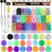 Tanstic 1254Pccs Plastic Pony Beads Kit, 24 Colors 4 Styles Hair Beads Rainbow Kandi Beads with Hair Beader, Rubber Bands, Crystal String and Scissor for Hair Braids, Bracelet Jewelry Making