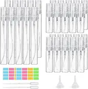 Pack of 30 Perfume Atomisers, 3 ml, 5 ml, 10 ml Glass, Mini Spray Bottle, Small Atomiser, Refillable with Funnel, Pipettes and Label Stickers, Perfume Atomiser for On the Go (Transparent)
