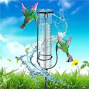 Rain Gauge Outdoor, 7" Large Glass Waterproof Freeze Proof Rain Tube Gauge with Metal Hummingbird,Garden Stake Decorative with Water Gauge for Yard, Lawn and Patio Decor