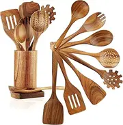 Wooden Spoons for Cooking, 10Pcs Teak Wooden Cooking Utensil Set with Holder, Wooden Kitchen Utensils Set for Nonstick Pans & Cookware