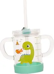 ASAKKURA Cartoon Drinking Cup with Double Handle and Straw Milk and Water Tumbler Heat Resistant Glass Cup with Measurement Markings for Milk and Beverages