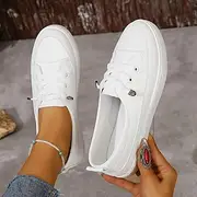 Women's White Casual Sneakers – Lace-Up Low-Top Canvas Shoes for Walking Everyday Wear
