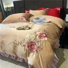 Silk Cotton Bedding Set 4pcs Quilt Cover Flat Sheet Pillowshames Embroidery Set