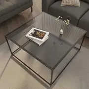 Square Coffee Table Glass Coffee Tables for Small Space, Modern Centre Table for Living Room Home Office, Sofa Side End Table, 26.7 x 26.7 x 15.7 Inches, Gray Black