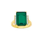 9ct Gold, Created Emerald & .10ct Diamond Ring in Green