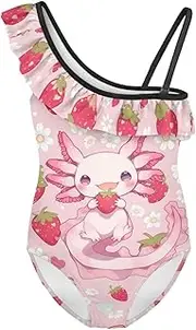 [WELLFLYHOM] Girls Bathing Suits 3-14 One Piece Swimsuit One Shoulder Ruffle Swimwear for Swimming Beach