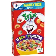 Trix Breakfast Cereal, 6 Fruity Shapes, Made with Whole Grain, Family Size, 16.