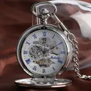 Vintage Mechanical Pocket Watch Chain Gift Skeleton Smooth Case Silver Fob Watch