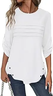 [TICTICMISS] Women's 3/4 Length Rolled Sleeve Tunic Tops Pleated Crew Neck T Shirts Both Side Buttons Summer Blouses
