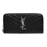 在飛比找Yahoo奇摩購物中心優惠-YSL MONOGRAM系列V字縫線魚子醬牛皮銀色LOGO拉