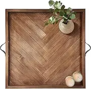 Tray for Ottoman 24 x 24 Inches, Square Ottoman Trays, Large Wooden Tray with Leather Handles, Food Serving Trays for Dinner, Breakfast, Snacks.