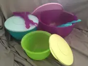 Tupperware Impressions Mixing Bowl Set of 3 with Serving Tongs/Spoons and Lids