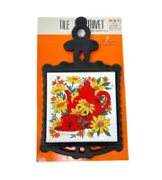 Vintage Decorative Ceramic Tile Cast Iron Trivet Teapot Flowers Red Yellow NEW