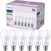 Philips LED Frosted A60 Light Bulb 6 Pack [Warm White 2700K - B22 Bayonet Cap] 100W, Non Dimmable. for Home Indoor Lighting, 929002310896