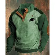 Men's Sweatshirt Brown Green Gray Polo Collar Color Block Cow Patchwork Print Sports Outdoor Daily Holiday Polyester Vintage Streetwear Basic Spring Autumn /
