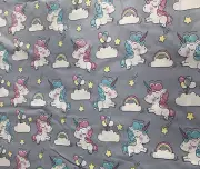 Unicorn on clouds kids Cotton Fabric. Great Quality. Grey Color. BTY