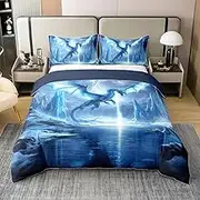 Manfei Full Size Dragon Cotton Duvet Cover 3 Pcs,Mystic Western Animal Gothic Blue Soft Breathable Bedding Set,3D Lightning Sky Antarctic Glaciers Ice Lake Comforter Cover(No Filler)