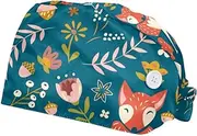 [WOSHJIUK] Working Hat 2 Pack Scrub Caps for Women,Plant Floral Leaves Fox,Tie Back Cap Adjustable Scrub Hat