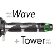 KiWAV Motorcycle Wave Grips Dark Gray with Tower Bar Ends Green/Black