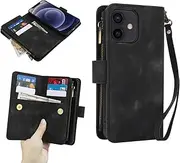 GoshukunTech for iPhone 12 mini Wallet Case with 9 Card Holders,for iPhone 12 mini Case Zipper Coin Pocket PU Leather Flip Cover Kickstand Protective Phone Purse with Wrist Strap-Black